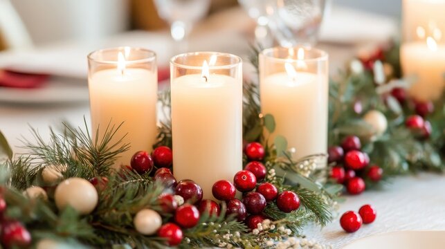 Festive Holiday Centerpiece with Glowing Candles, Greenery, and Red Cranberries on a Rustic Table Setting