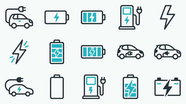 Electric vehicle and battery charging icon set for sustainable transportation and green energy concepts