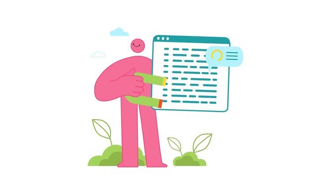 Animated pink character holding web page with comment bubble and sprouts