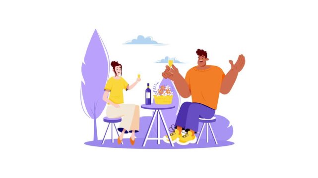 Animated couple toasting at outdoor picnic with wine and flowers