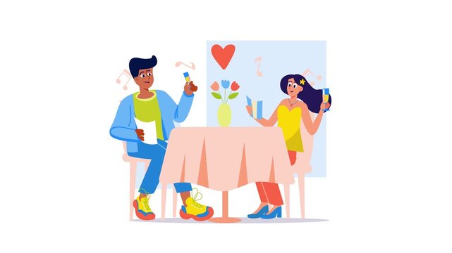 Animated couple enjoying romantic dinner with champagne and music