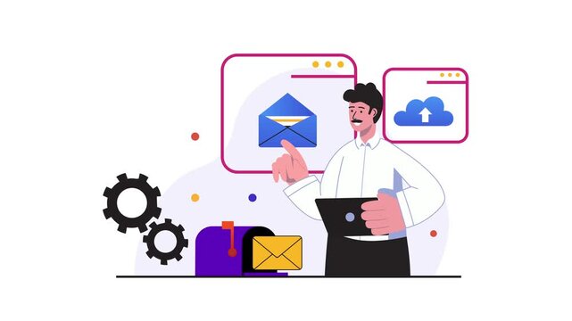 Digital communication workflow with man, email and cloud flat illustration