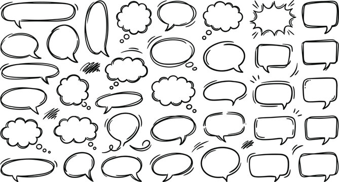 Hand Drawn Speech Bubble Vector Set Featuring Doodle Chat Boxes, Comic Dialog Clouds, and Message Balloons for Communication Design and Social Media Graphics