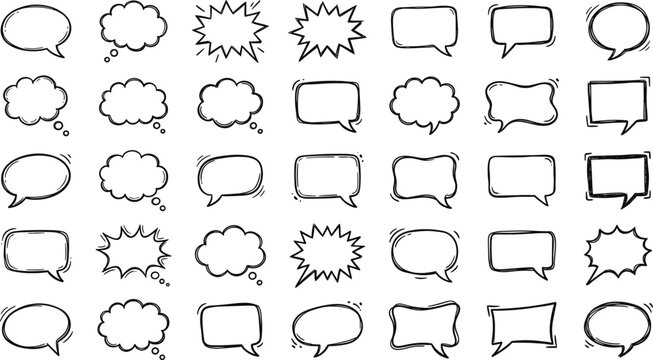Hand Drawn Speech Bubble and Thought Cloud Vector Set with Comic Style Sketch Chat Icons for Dialogue, Messaging, Social Media, and Creative Design Use