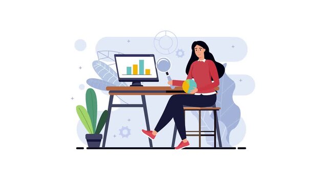 Woman analyzing business data on computer with charts in office illustration