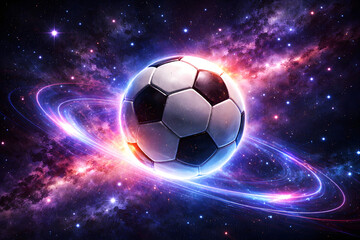 Fototapeta premium A soccer ball floats amidst a vibrant colorful and swirling cosmic nebula