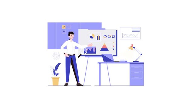 Businessman presenting analytics charts in modern office animation