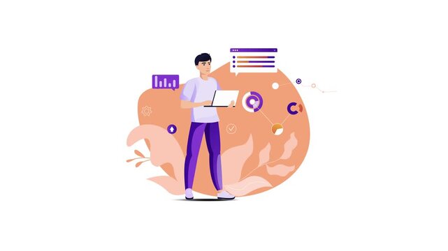 Animated young man analyzing dashboard data with laptop, flat vector