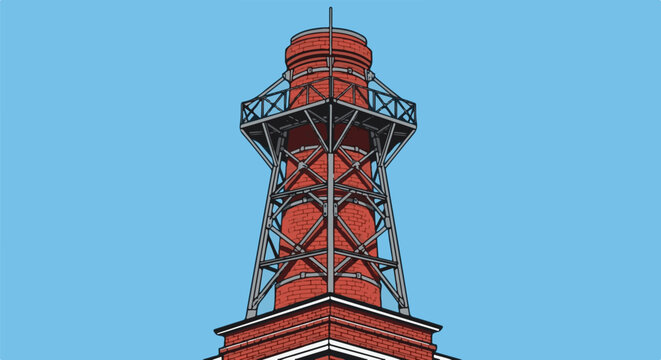 Tall red brick tower with metal scaffolding against blue sky