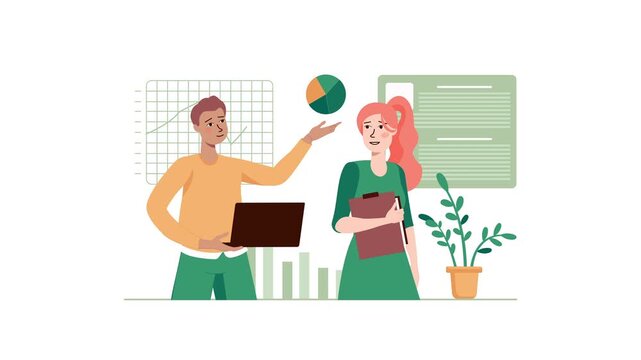 Business team discussing analytics dashboard in flat vector illustration