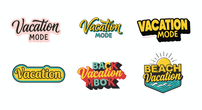 A collection of colorful decorative typography designs spelling vacation mode and beach evoking a carefree summery aesthetic high quality professional detailed modern elegant