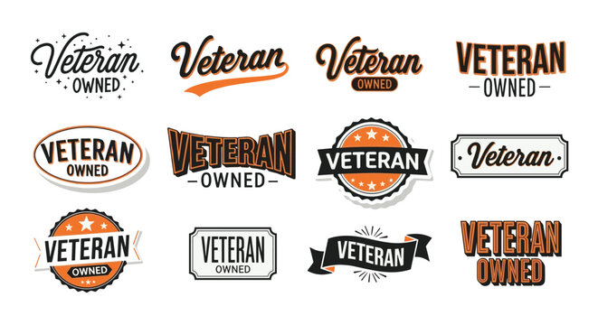 An assortment of veteran owned business logos are displayed showcasing different styles and badge designs in orange and black high quality professional detailed