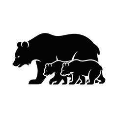 Fototapeta premium Mother Bear with Two Cubs Walking Silhouette Wildlife Forest Illustration