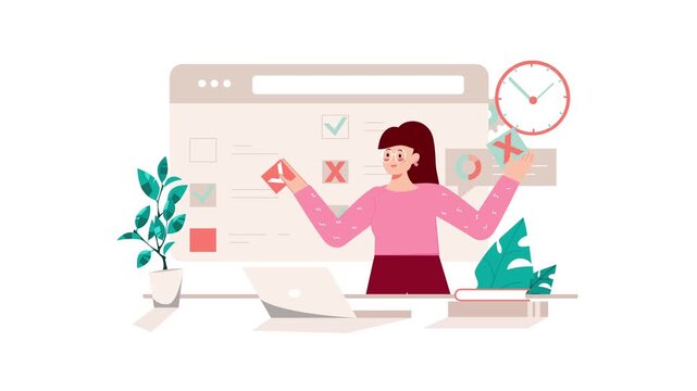 Animated woman juggling tasks on project dashboard with clock