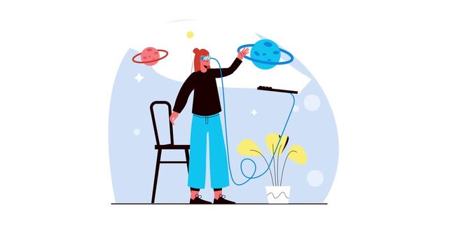 Woman using virtual reality headset with floating planets in flat animation