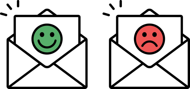 Envelopes with happy and sad face icons and radiating lines on white background mail letter