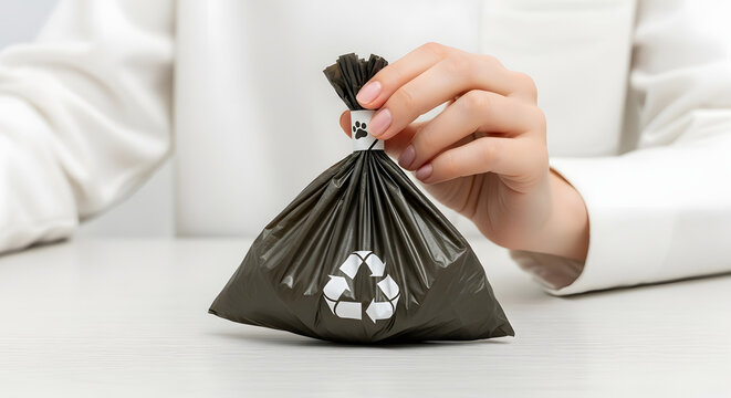Person holding recycling bag with logo on table indoors  