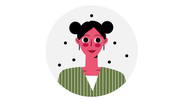 Animated stylized woman portrait with space buns and striped jacket