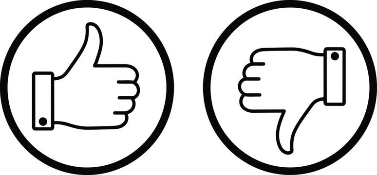 Black and white line art illustration showing a thumbs up and a thumbs down inside two circles Vector