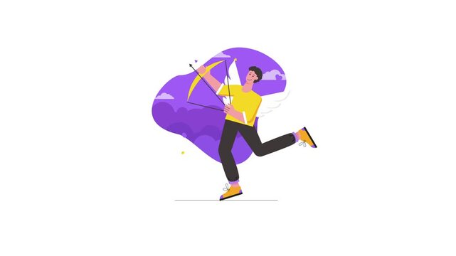 Cupid archer running with bow and arrow in purple abstract animation