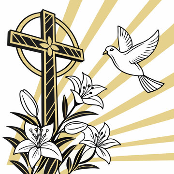 Religious Christian cross with white lilies and flying dove, elegant spiritual vector illustration, gold sunburst background for Easter or funeral