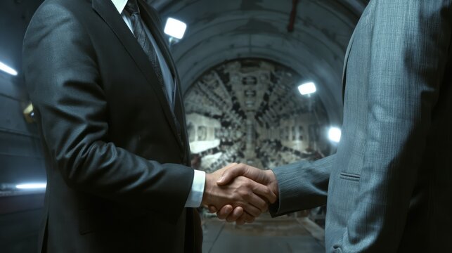 Handshake between a businessman and a geologist. Concept of tunnel boring machine.