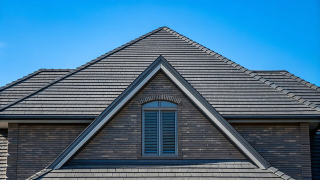 modern gray shingle roof with dormer window on residential house under clear blue sky