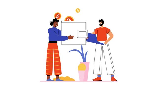 Animated couple exchanging bitcoin and cash near growing savings plant