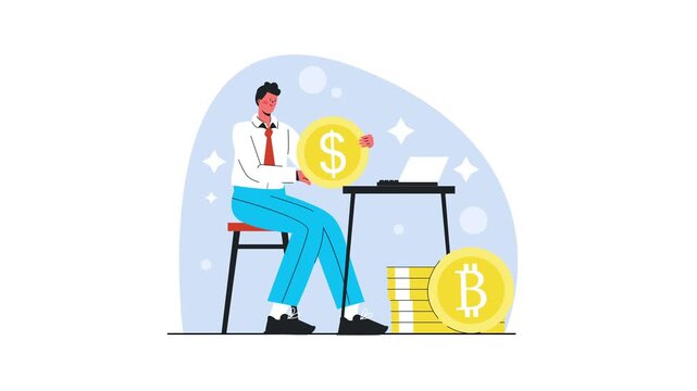 Animated businessman earning cryptocurrency beside laptop and cash
