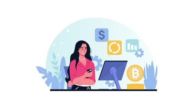 Animated fintech woman at desktop with bitcoin and finance icons