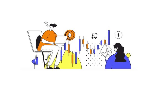 Animated crypto trading illustration with laptop users and candlestick chart