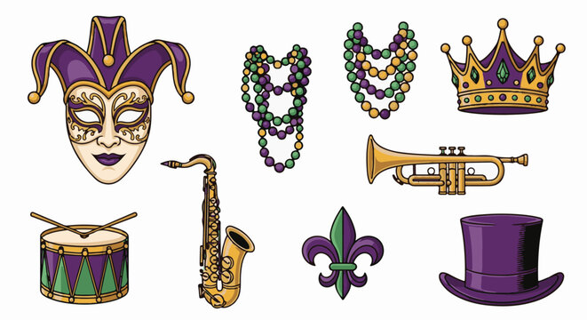 Mardi Gras elements mask, crown, beads, trumpet, drum, saxophone, lily, hat