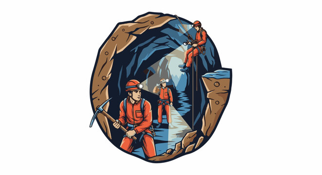 Explorers rappelling and mining within a rugged cave