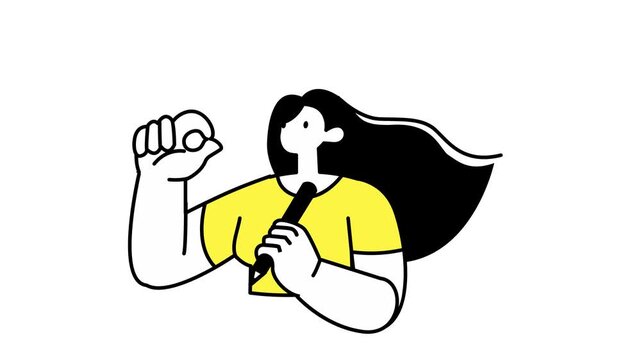 Animated woman speaking into microphone with raised fist and speech bubble