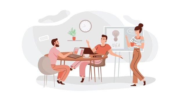 Animated office team brainstorming ideas around table in modern meeting room
