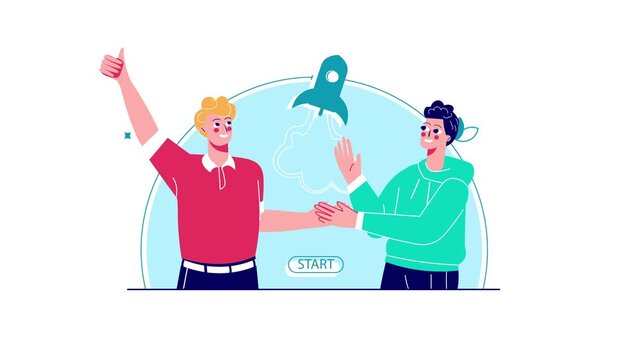 Animated startup team shaking hands at rocket launch with start button