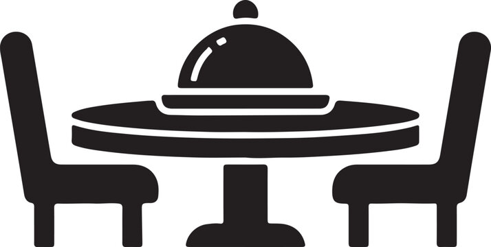 Dining table with two chairs and covered dish icon for restaurant, food service, and catering, simple vector