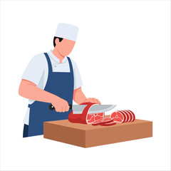 Butcher preparing meat for Eid al-Adha feast, Eid al-Adha celebration food preparation