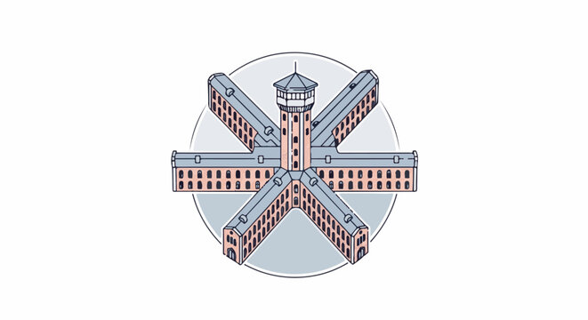 A circular, radial prison design with a central tower and radiating wings