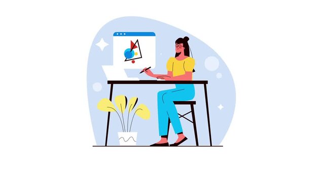 Animated woman designer creating digital artwork at modern desk