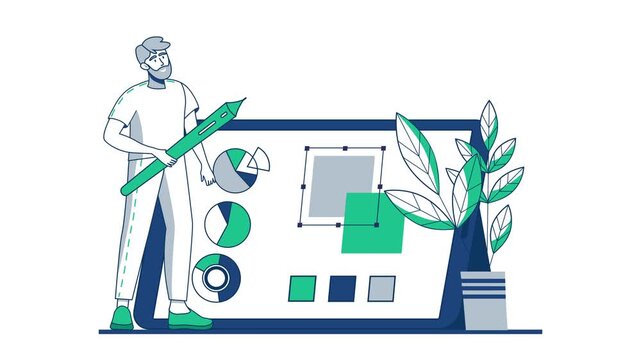 Flat vector animation of designer creating dashboard charts and graphics