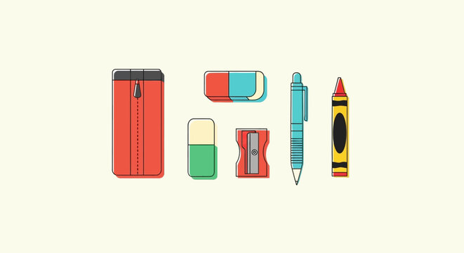 Colorful School Supplies: Erasers, Pencil Sharpener, Crayon and Pen