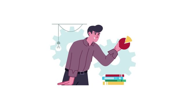 Animated businessman presenting pie chart with gears and books