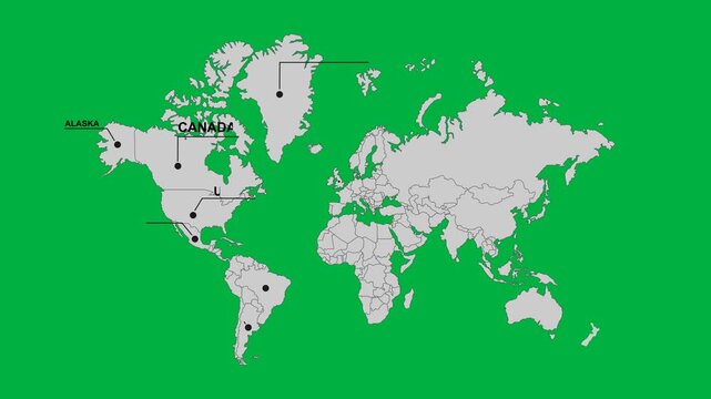 animated world map with callout arrow and country name label, flat style, animation footage video on alpha channel(transparent) background.