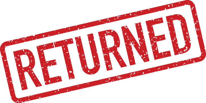 Red textured rubber stamp with the word RETURNED indicating an item has been sent back on a clean white surface