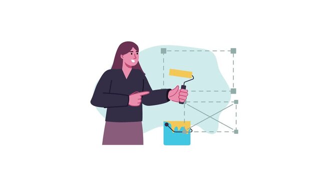 Woman painting website layout mockup with roller, flat animation