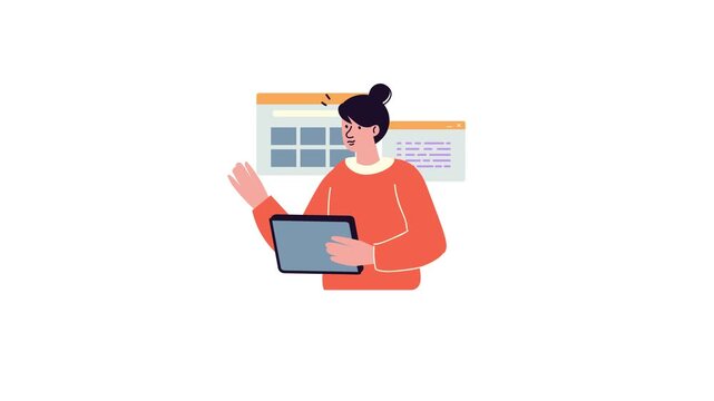 Flat animated illustration of woman using tablet with browser interface
