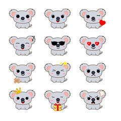 Fototapeta premium Set of twelve colorful flat design koala character emojis with diverse emotions and expressions for digital chat and mobile app design.