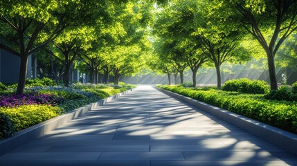 Fototapeta premium Modern Urban Park Pathway Lined with Lush Green Trees and Sunlight Dappling the Ground