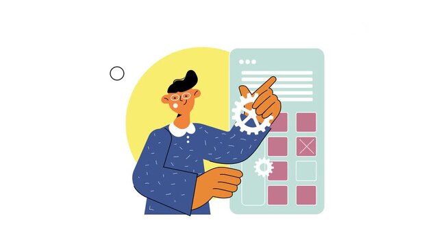 Animated person optimizing checklist interface with gears and arrows